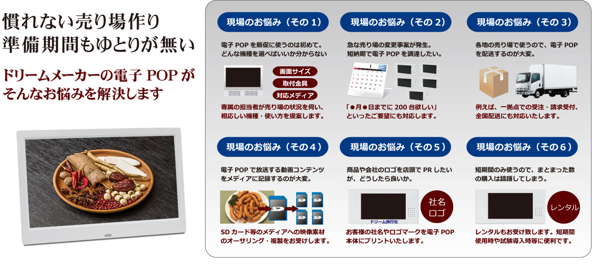 電子POPの機種、納期、配送、メディアへの記録など現場のお悩みをドリームメーカーが解決します