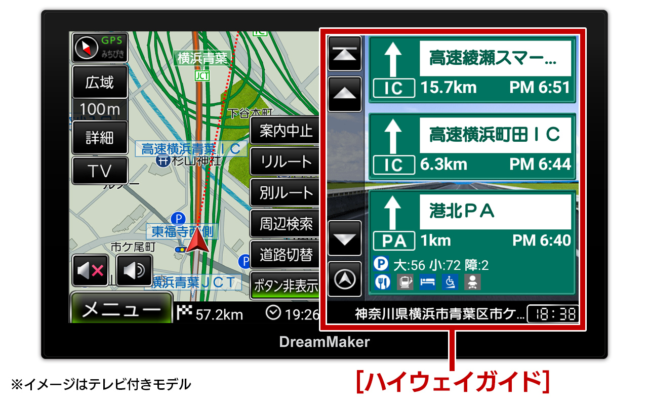 ポータブルナビ地図 高速道路のルート案内 ハイウェイガイド 高速道路分岐・出入口のイラスト