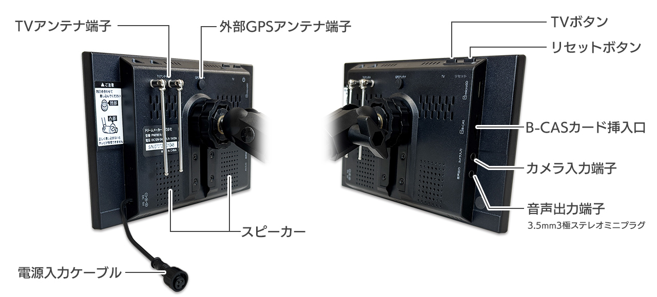 ポータブルナビ PN0709AA 製品の詳細 スピーカー、入出力端子、ボタンなどの位置案内