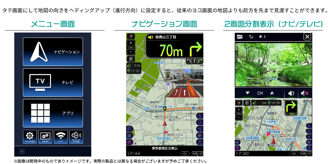 タテ画面イメージ(メニュー画面、ナビゲーション画面、2画面分割表示