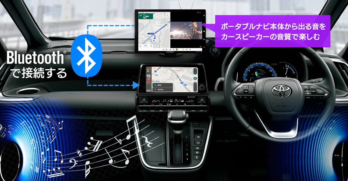 Bluetooth出力機能を搭載しカースピーカーから音声を出力できるため、音楽などを高品質な音で楽しむ事ができる