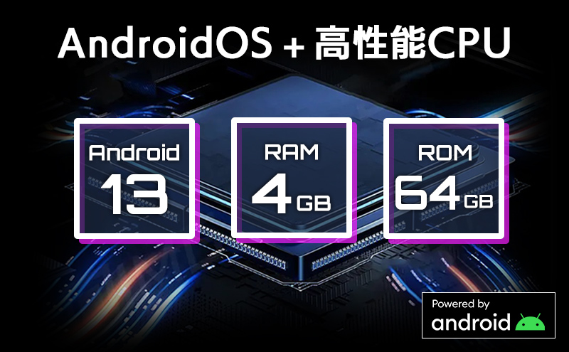 Android OS + 高性能CPU Android13,RAM 4GB,ROM 64GB