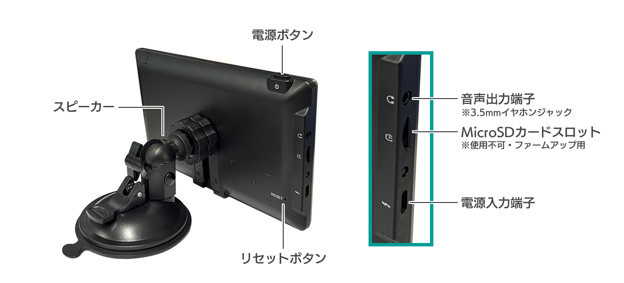 ポータブルナビ PN0709B 製品の詳細 スピーカー、入出力端子、ボタンなどの位置案内