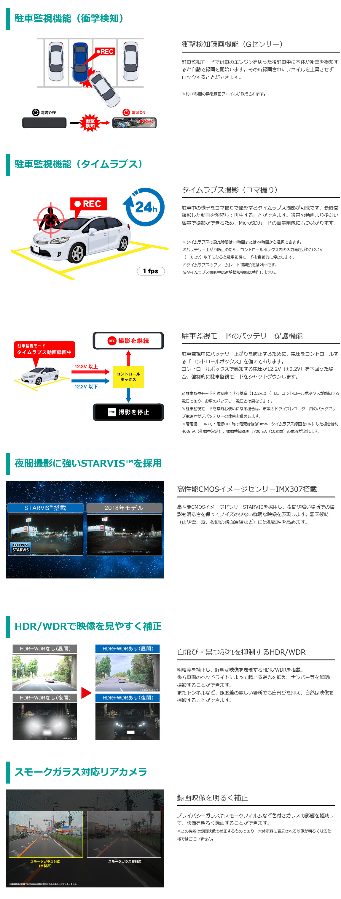 駐車監視機能（衝撃検知、タイムラプス）夜間撮影に強いSTARVISを採用、HDR/WDRで映像を見やすく補正、スモークガラス対応リアカメラ