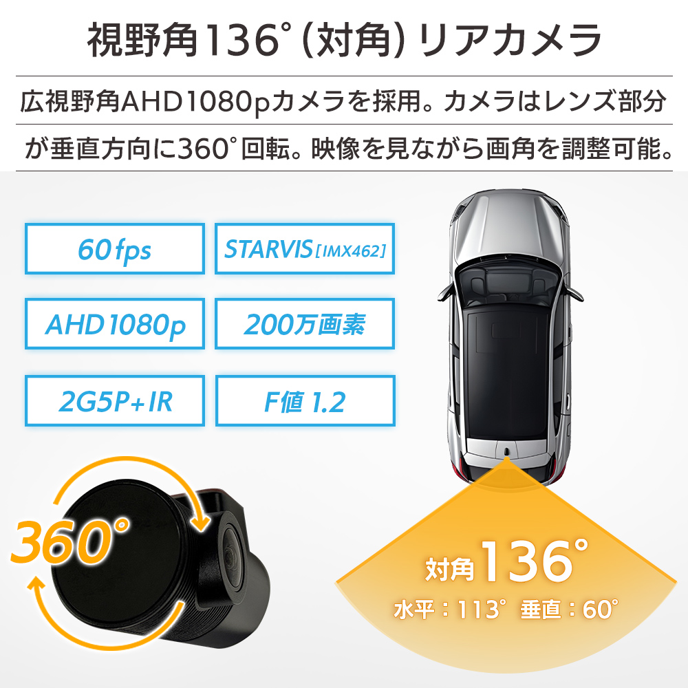視野角136度（対角）のリアカメラ。広視野角AHD1080Pカメラを採用。カメラはレンズ部分が垂直方向に360度回転するので映像を見ながら画角を調整できる