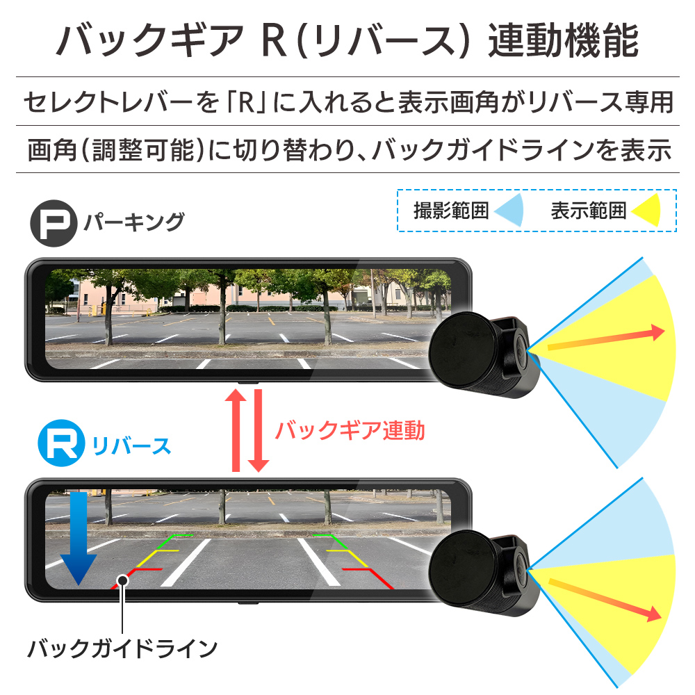 バックギア「R（リバース）」連動機能。セレクトレバーを「R（リバース）」に入れると表示画角がリバース専用画角に切り替わりバックガイドラインを表示