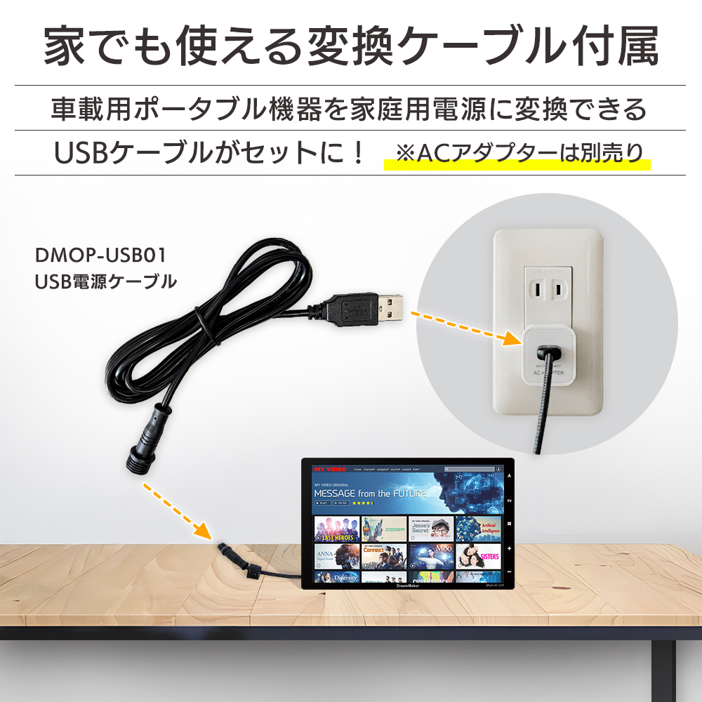 車載用ポータブルナビを家庭の電源で使えるように変換するUSBケーブル付属