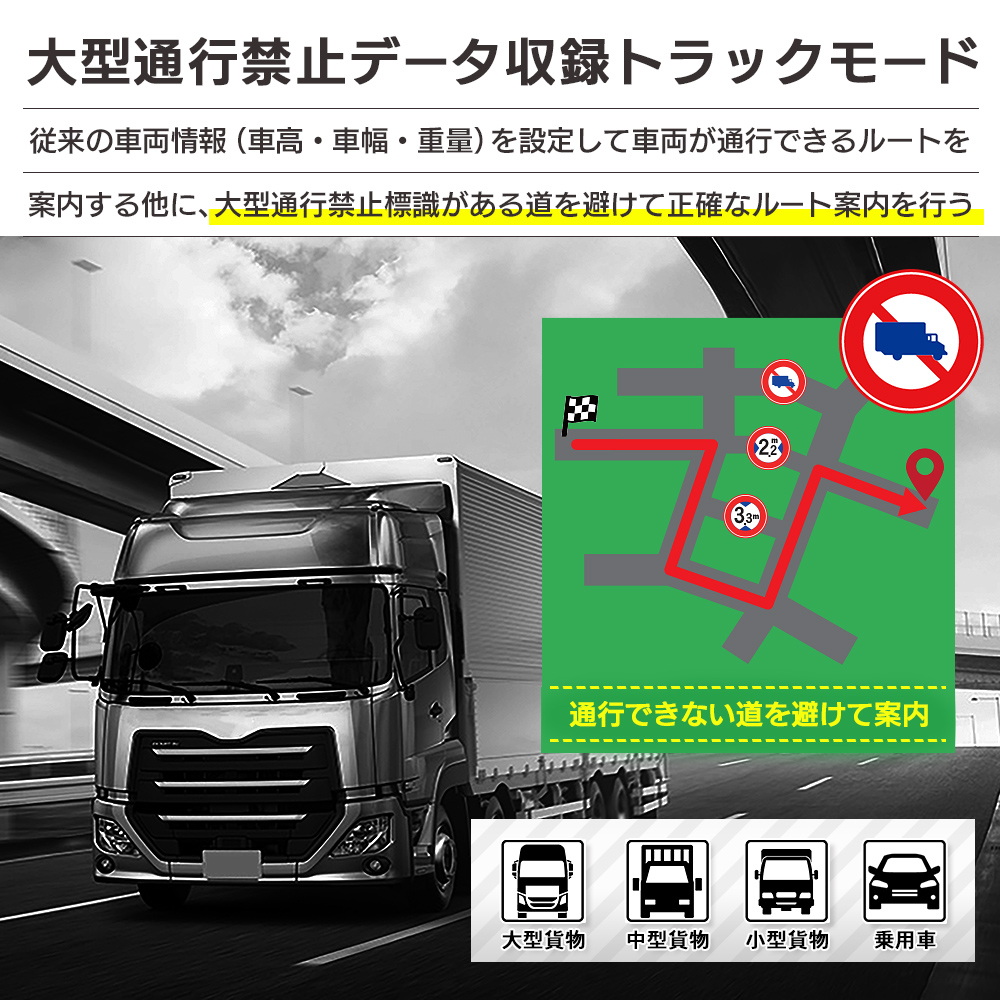 大型通行禁止データ収録トラックモード 大型通行禁止標識がある道を避けて正確なルート案内を行う 車両情報の設定に応じて車両が通行できるルートを案内