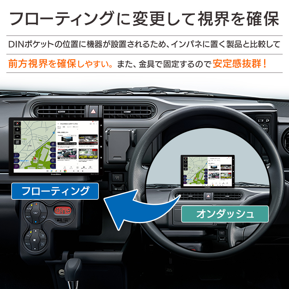 DINポケットの位置に金具で固定し安定感抜群！インパネに置く製品と比較して前方視界を確保しやすい