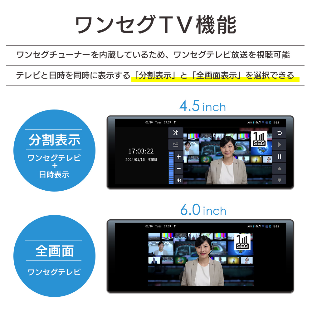ワンセグテレビ 選べる全画面表示・2分割表示