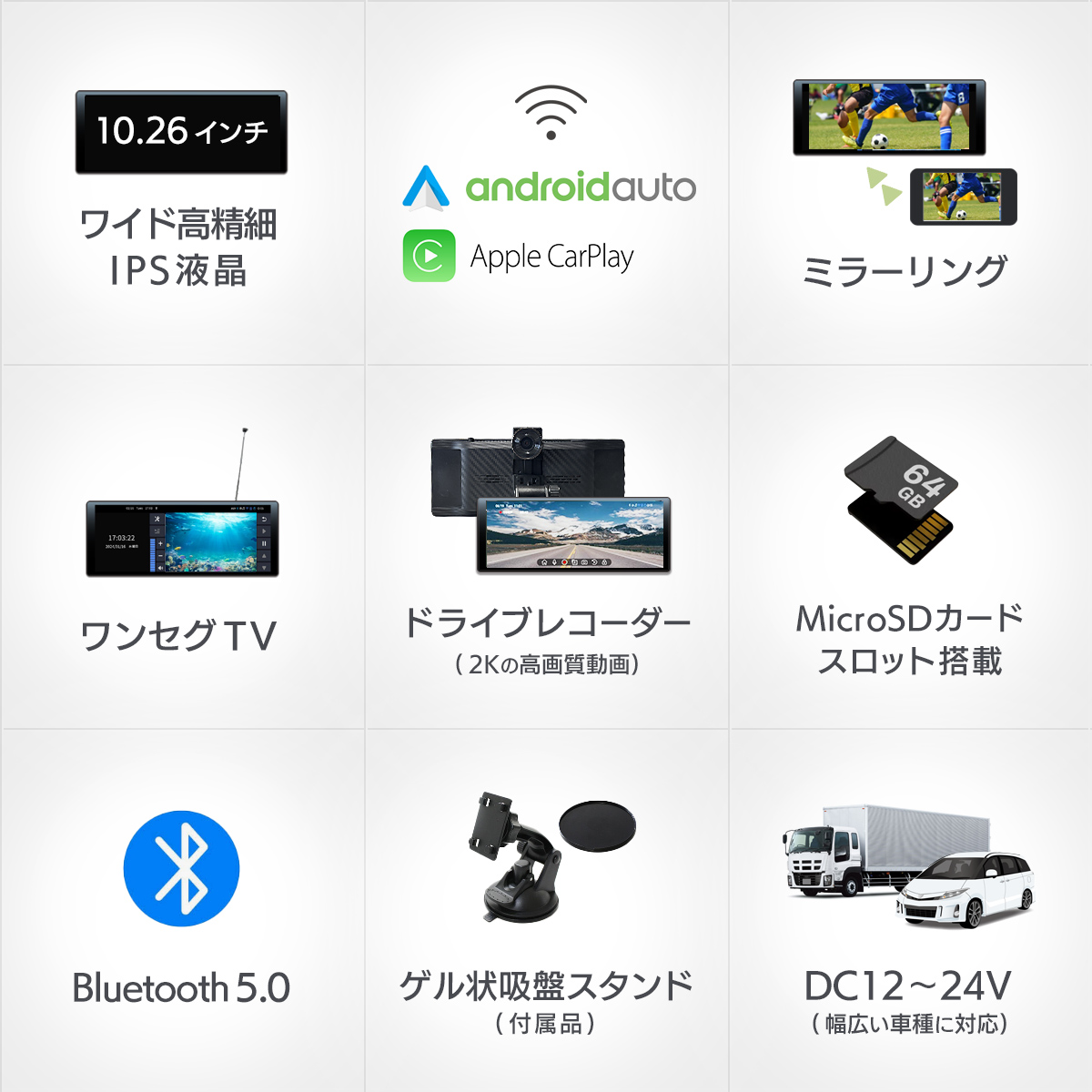 10.26インチ高精細IPS液晶、ミラーリング、ワンセグTV、ドラレコ、MicroSDカード、Bluetooth5.0、ゲル状吸盤スタンド、DC12～24V